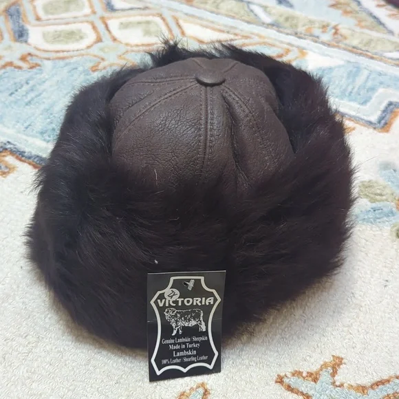 Brown Sheepskin Shearling Fur Winter Hat Leather Bucket Cossack - Picture 1 of 6